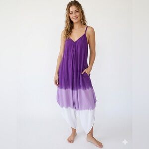 Handmade Bali 100% Rayon Ombre Dip Dye Boho Harem Jumpsuit Purple White
